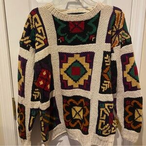 Vintage New River J Riggins Sweater Mens Large Cream Multicolor Aztec Knit 90s